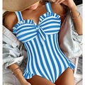 Dettaglio del costume intero a righe bianche e blu con fiocco e volant sul davanti - Taglia S / Top E Pantaloni / Strisce Blu Navy e Bianche
