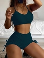 Women's two-piece teal yoga sports set with ruched sports bra and high-waisted drawstring shorts - Teal Blue