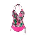 Detail van tankini met tropische print en halternek met bikinibroekje met zijstrikjes - S / Roze Print