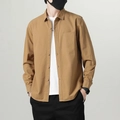 Men's khaki cotton long sleeve casual shirt with chest pocket and button-down front - Coffee