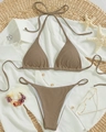 Two-piece ribbed bikini in dark brown featuring a halter triangle top and high-cut bottoms - Brown