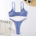 Flat lay of gray-blue ribbed bikini set with gold buckles and summer accessories - S / Royal Blue