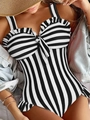 Costume da bagno intero a righe con volant e fiocco per spiaggia e spa - Taglia S / Top E Pantaloni / Righe Nere e Bianche