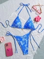 Blue hibiscus print two-piece string bikini set with gold floral charms on white lace - S / Blue