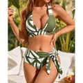 Zweiteiliger Bikini in Olivgrün und Weiß mit Neckholder und hoch taillierter Schleife - S / Olivgrün