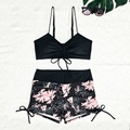 Bikini floreale due pezzi con top nero e slip stampato con lacci laterali da mare - S