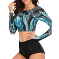 Two-piece long sleeve swimsuit with tropical leaf print top and high waist black bottom - S / Blue Black Print