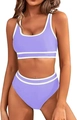 Dettaglio bikini lilla a vita alta con strisce bianche e top corto sportivo - Viola