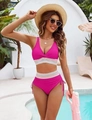 Detail of rose pink bikini with high waist bottoms and rainbow elastic waistband - S / Rose Red