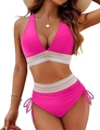 Close-up of bright pink bikini with colorful wave textured elastic band and side drawstrings - Rose Red
