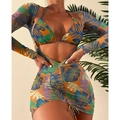 Dreiteiliges Bikini-Set mit tropischem Palmendruck, langärmeligem Netzoberteil und Rock - S / Tropischer Pflanzendruck (Oberteil+Unterteil+Überwurf)