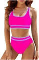 Detail of high-waisted neon pink two-piece bikini with contrast trim and sporty fit - S / Top And Bottom / Rose Red