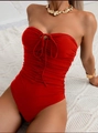 Red ruched strapless one-piece swimsuit with front tie and high-cut leg design - S / Red