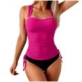 Two-piece rose red tankini with white wave trim and black high-waisted bikini bottom - S / Rose Red
