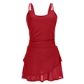 Deep red one-piece swimsuit dress with triple layered ruffles and thin double straps - S / Red