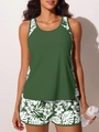 Costume da bagno sportivo due pezzi verde scuro con stampa tropicale e canotta sportiva - Verde
