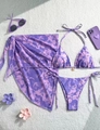 Three-piece purple floral print bikini set with halter top and matching sarong skirt - Purple 3-Piece Set