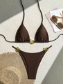 Dark brown two-piece bikini set with golden snake metal buckles and tie-up design - S / Coffee