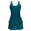Dark teal backless one-piece swimsuit dress with triple layered ruffle skirt and pleats - S / Teal
