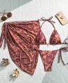 Three-piece bikini set with tropical floral print and matching sarong in reddish-brown - Coffee 3-Piece Set