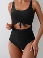 Sexy black one-piece swimsuit with front knot cut-out and high-waist ruched slimming design - S / Black