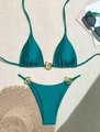 Peacock green triangle bikini set with gold spiral buckles and halter ties for summer - S / Malachite green