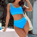 Detail of high-waisted blue bikini with light blue stripe accents for a sporty look - S / Top And Bottom / Sky Blue