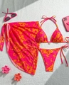 Three-piece vibrant floral print bikini set with matching tie-waist sarong cover-up - Crimson Top Bottom And Sarong