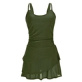 Olive green one-piece swimsuit with ruffled mesh skirt and elegant pleated waist detail - S / Green