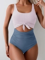 One-piece swimsuit with striped tie-front top and blue high-waisted ruched bottom - Striped