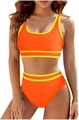 Dettaglio bikini arancione a vita alta con profili gialli e tessuto sportivo elastico - Arancione
