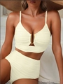 Cream textured bikini set with V-neck, golden U-hardware and high-waisted bottoms - S / Milky White