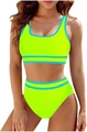 Dettaglio del bikini sportivo verde neon con doppie strisce blu a contrasto in vita - Verde fluorescente