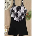 Women's black and white tropical leaf print swimsuit with boyshorts and ruffle detail - S / Black