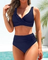 Detail of navy blue high-waisted bikini bottoms with stylish side ruching for tummy control - S / Dark Blue
