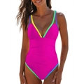 Detail of deep V-neck one-piece swimsuit with vibrant rainbow contrast straps and ruching - S / Rose Red