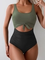 Detail of high-waisted swimsuit with front knot, waist cutout, and side ruching detail - S / Army Green
