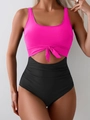 Front view of a one-piece swimsuit featuring pink tie-knot cutout top and black high-waisted bottom - S / Rose Red