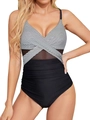 One-piece swimsuit with stripe cross-front, mesh paneling and side ruching detail - S / Black & White Stripes