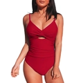 Dunkelroter Einteiler-Badeanzug mit V-Ausschnitt, Cut-out und Knoten-Detail vorne - S / Rot