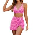 Dettaglio del top bikini a quadretti rosa e bianchi e gonna da bagno con volant - Taglia S / Top E Pantaloni / Rosa brillante