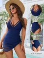 Dark blue tummy control one piece swimsuit with V-neck mesh detail and skirted hemline - S / Navy Blue