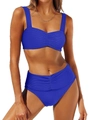 Two-piece royal blue high waisted bikini set with textured pleated fabric for women - S / Blue