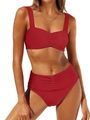 Two-piece red ribbed high waist bikini set with ruched bandeau top and swim bottom - S / Red