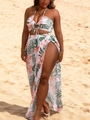 Dreiteiliger Bikini mit tropischem Blumendruck, Neckholder-Top und geschlitztem Maxirock - XL / Regenbogen