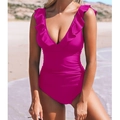 Deep V-neck floral ruffles swimsuit in rose red with slimming ruching for beachwear - S / Rose Red