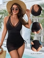 Women's black one-piece bikini with mesh V-neck and tummy control for pool beach vacation - S / Black