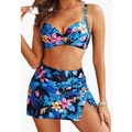 Dettaglio bikini stampa tropicale con top ferretto e gonna con coulisse laterale - S / Floreale Blu