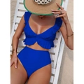 Klein blue two-piece bikini set with ruffle V-neck top and high waist bottom - S / Royal Blue