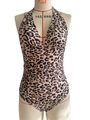 Sexy women's one-piece swimsuit featuring a leopard print with deep V-neck and halter design - S / Leopard Print
